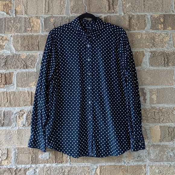 NWOT Lands' End Corduroy LS Button Front Shirt Navy Blue White Polka Dot Large - Picture 1 of 5